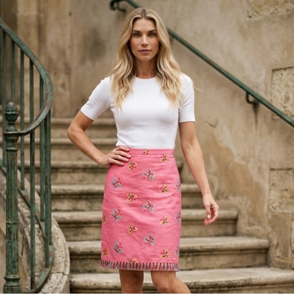 Andrew GN RARE 2003 Vibrant Pink Embroidered Butterfly Pencil Fringe Linen Skirt